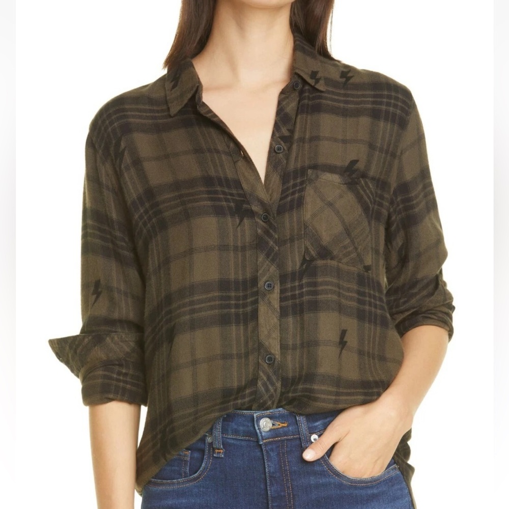 Rails Hunter Olive‎ Jet Lightning Bolt Flannel Olive Green Medium Button Down